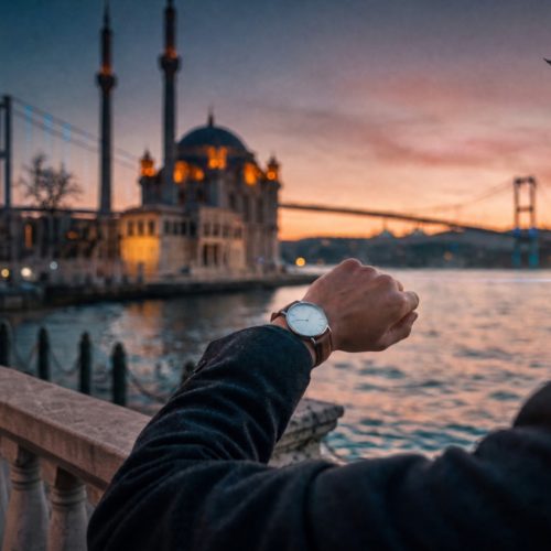 A wristwatch in front of Ortaköy Mosque and the Bosphorus Bridge at sunset